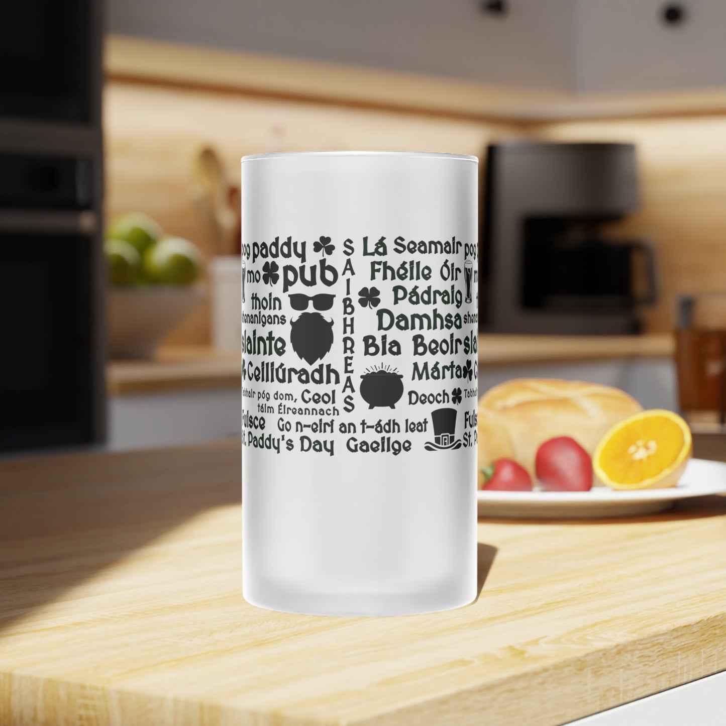Frosted Glass Beer Mug — Irish Words & Shamrock St. Patrick’s Day Pint