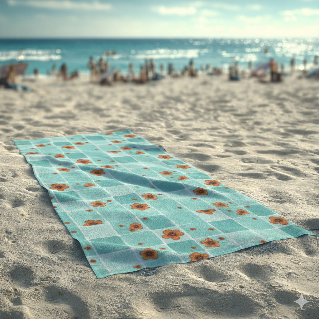 Coral Turquoise Floral Beach Towel | Quick-Dry Boho Check Swim Throw whit Tassels
