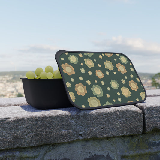 Floral Eco PLA Bento Box with Band & Utensils — Vintage Green Lunch Container