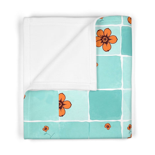 Aqua Tile Floral Baby Blanket — Soft Fleece Nursery Throw