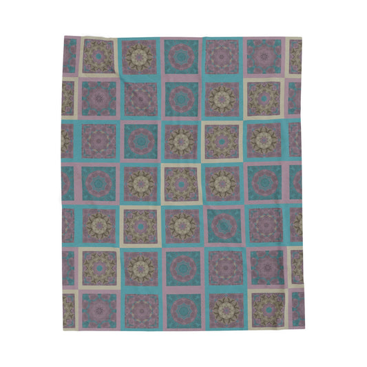 Turquoise Mosaic Velveteen Plush Blanket – Soft Geometric Boho Throw