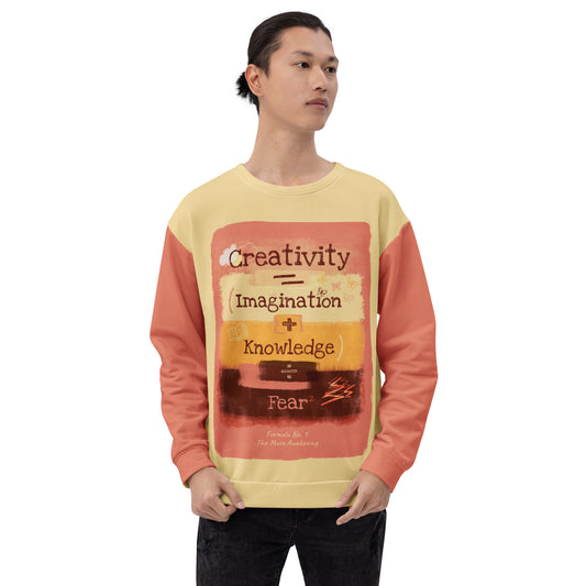 Formula No. 9 Creativity sweatshirt in yellow and terracotta: Creativity equals Imagination plus Knowledge, divided by Fear squared