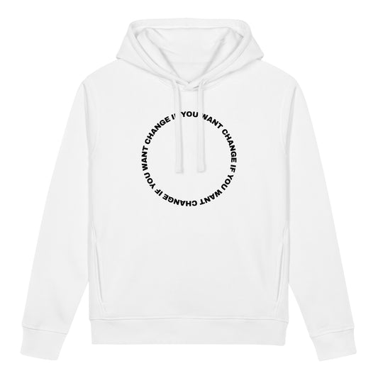 circular quote design on the organic hoodie's chest
