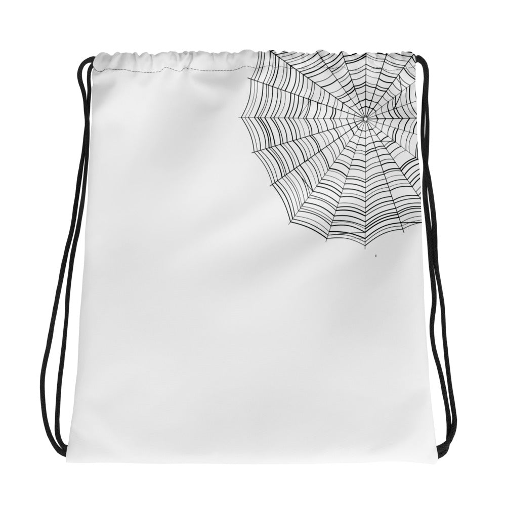 drawstring bag — black ink graphic with spider hidden in the design