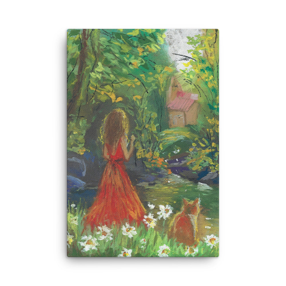 Lena Kloper pastel artwork canvas print — girl facing cottage through green foliage with white daisies and cat