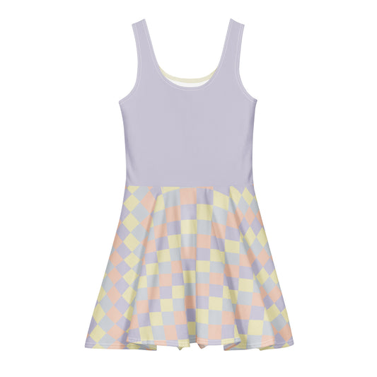 Women's all-over print flared dress in soft pastel tones, wearable color study collection, back view