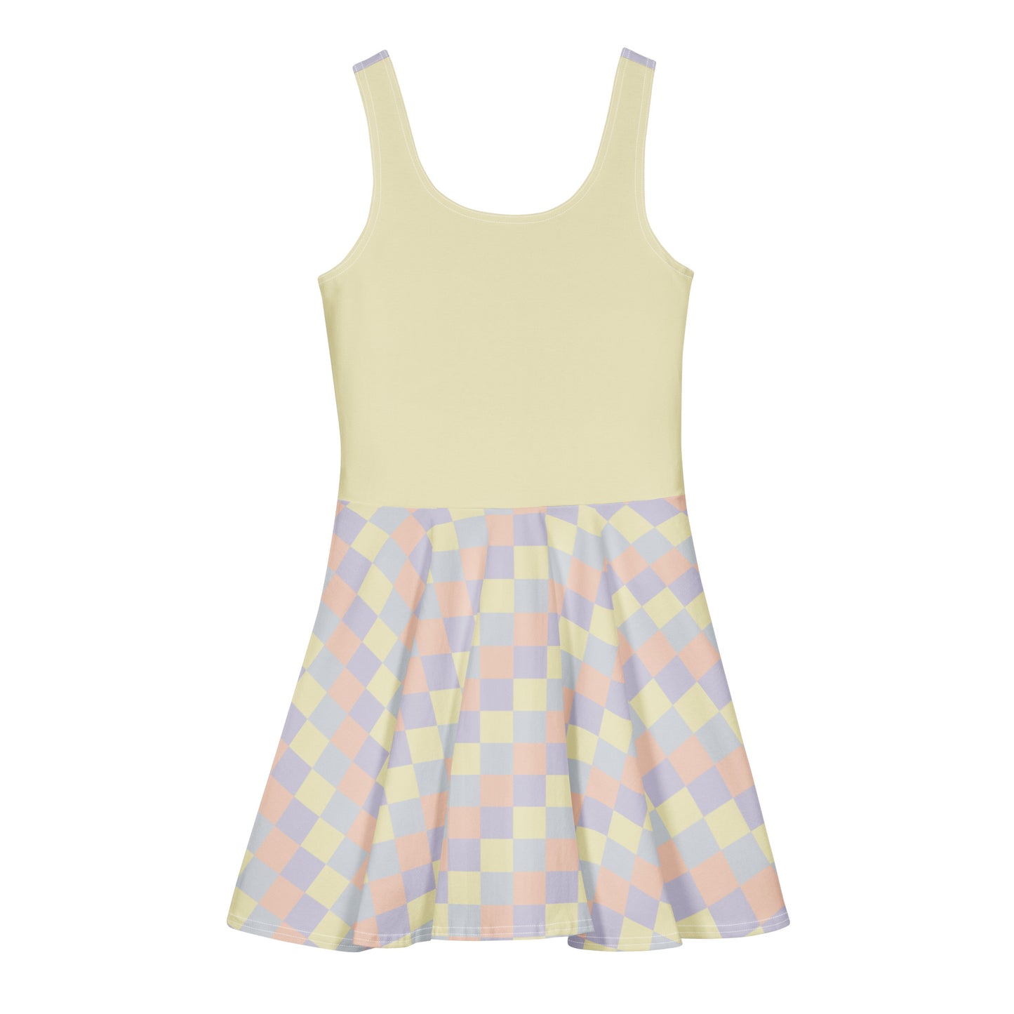 Pastel print skater dress in Lemon Icing, Nimbus Cloud, Peach Dust, and Orchid Tint color panels, front view