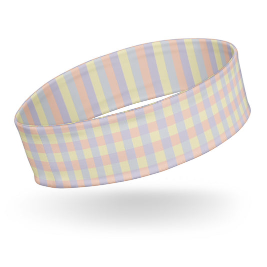 Soft stretchy pastel print headband in abstract color panels, moisture-wicking fabric for workout and everyday wear
