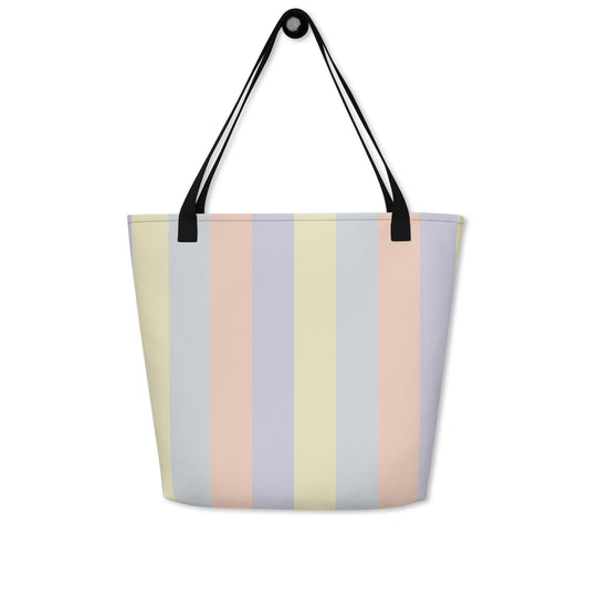 Large pastel abstract print beach tote bag in soft yellow, lavender, peach, and grey color panels, cotton webbing handles