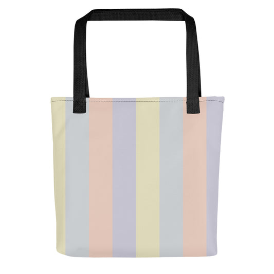 Pastel abstract print tote bag in soft yellow, lavender, peach, and grey color panels, natural cotton handles