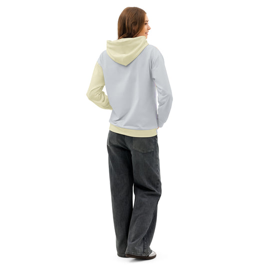 Relaxed fit drop-shoulder hoodie with pastel color panel print, double-layer hood in soft yellow and grey. Back view.