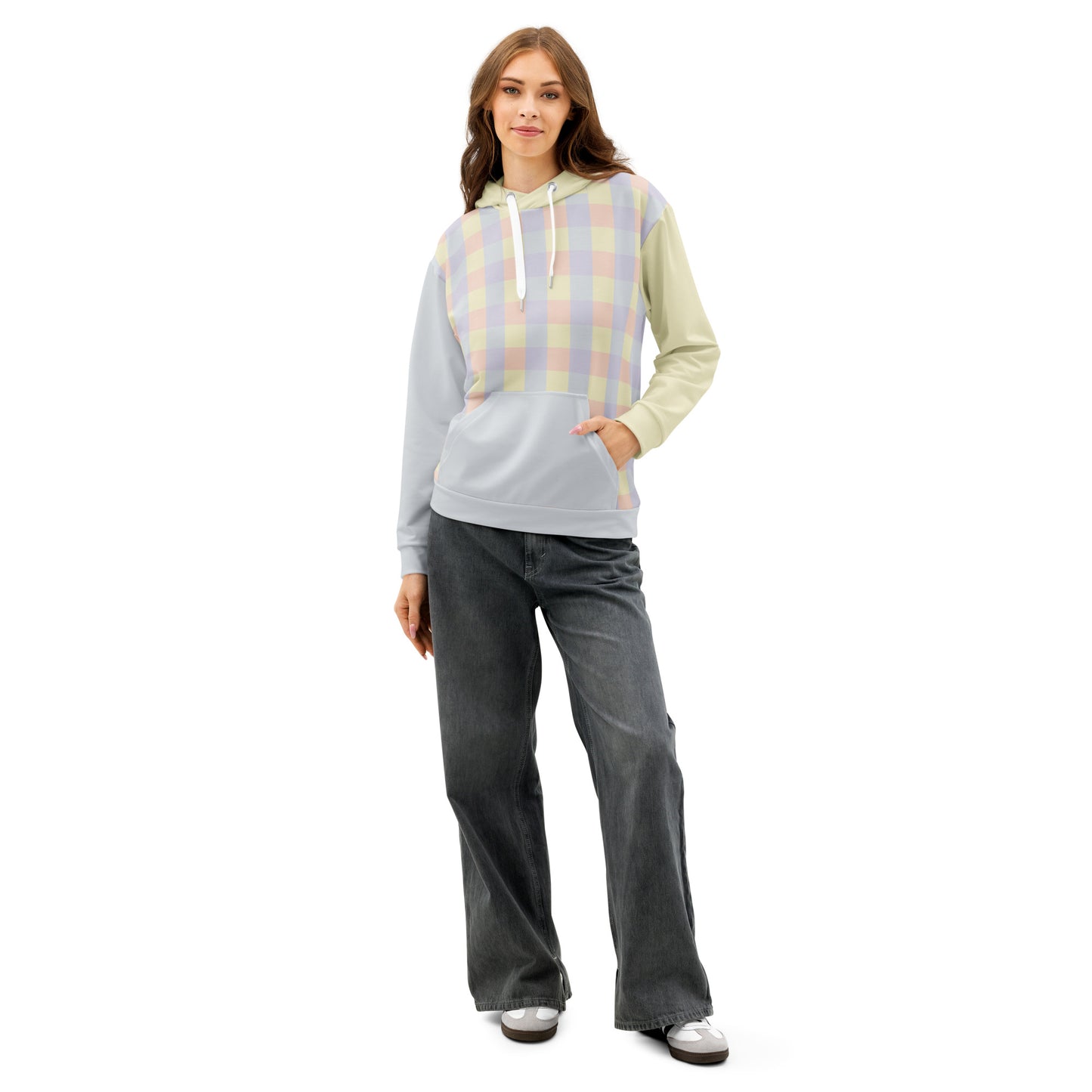 Unisex cotton hoodie with front pocket, wearable color study collection, front pastel design