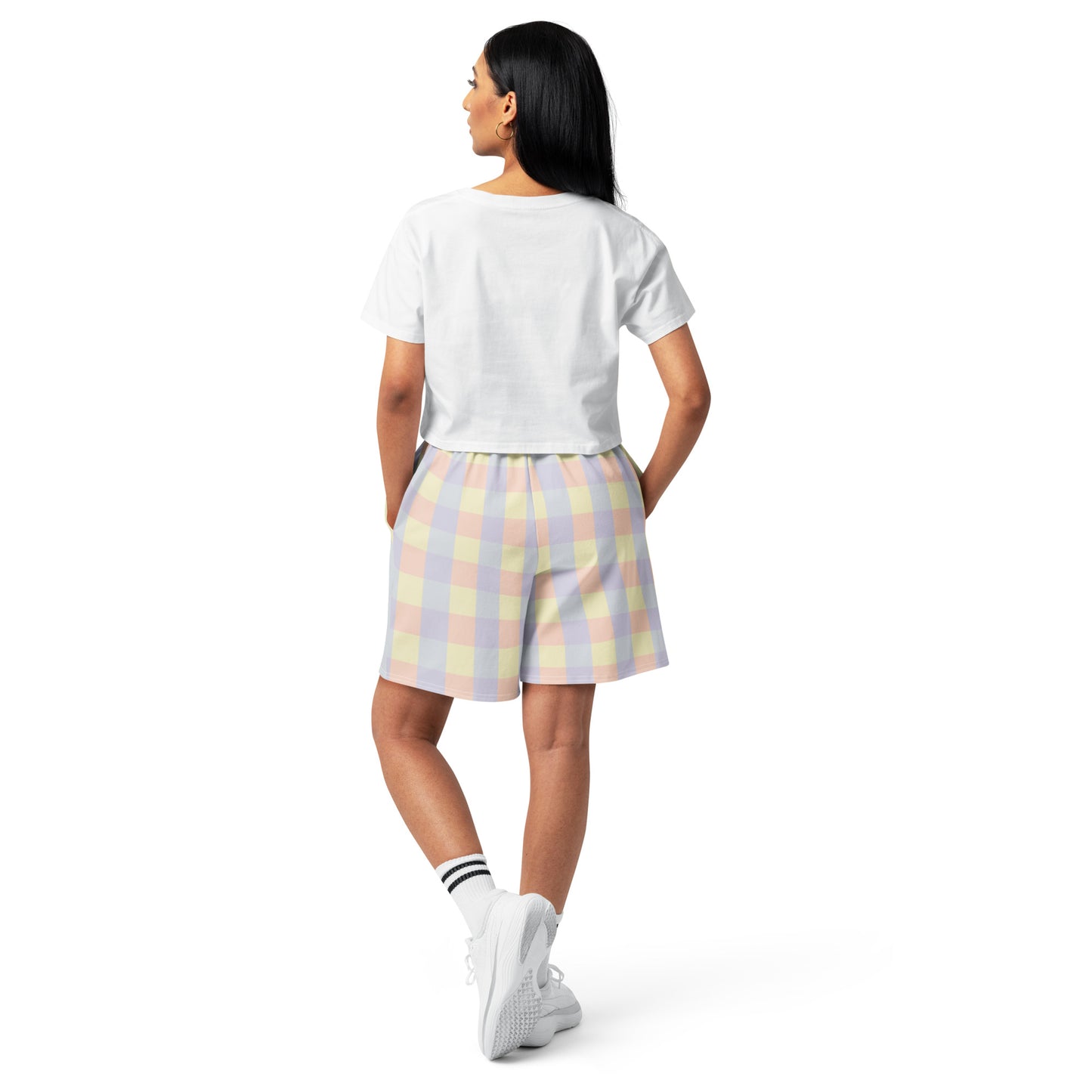 Unisex pastel print cotton long shorts, wearable color study collection, back view