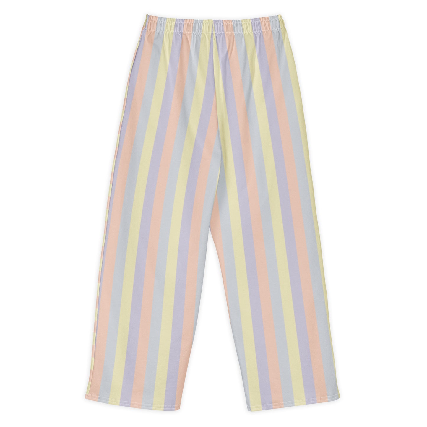 All-over print wide-leg cotton pants in pastel color panels, soft yellow, lavender, peach, and grey tones. Back View.