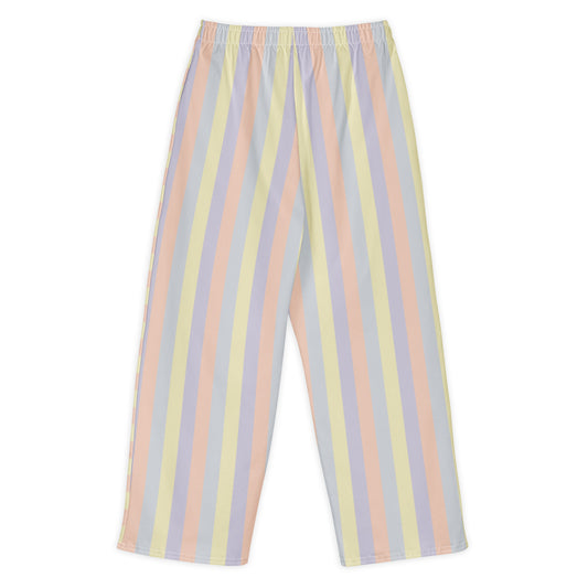 All-over print wide-leg cotton pants in pastel color panels, soft yellow, lavender, peach, and grey tones. Back View.