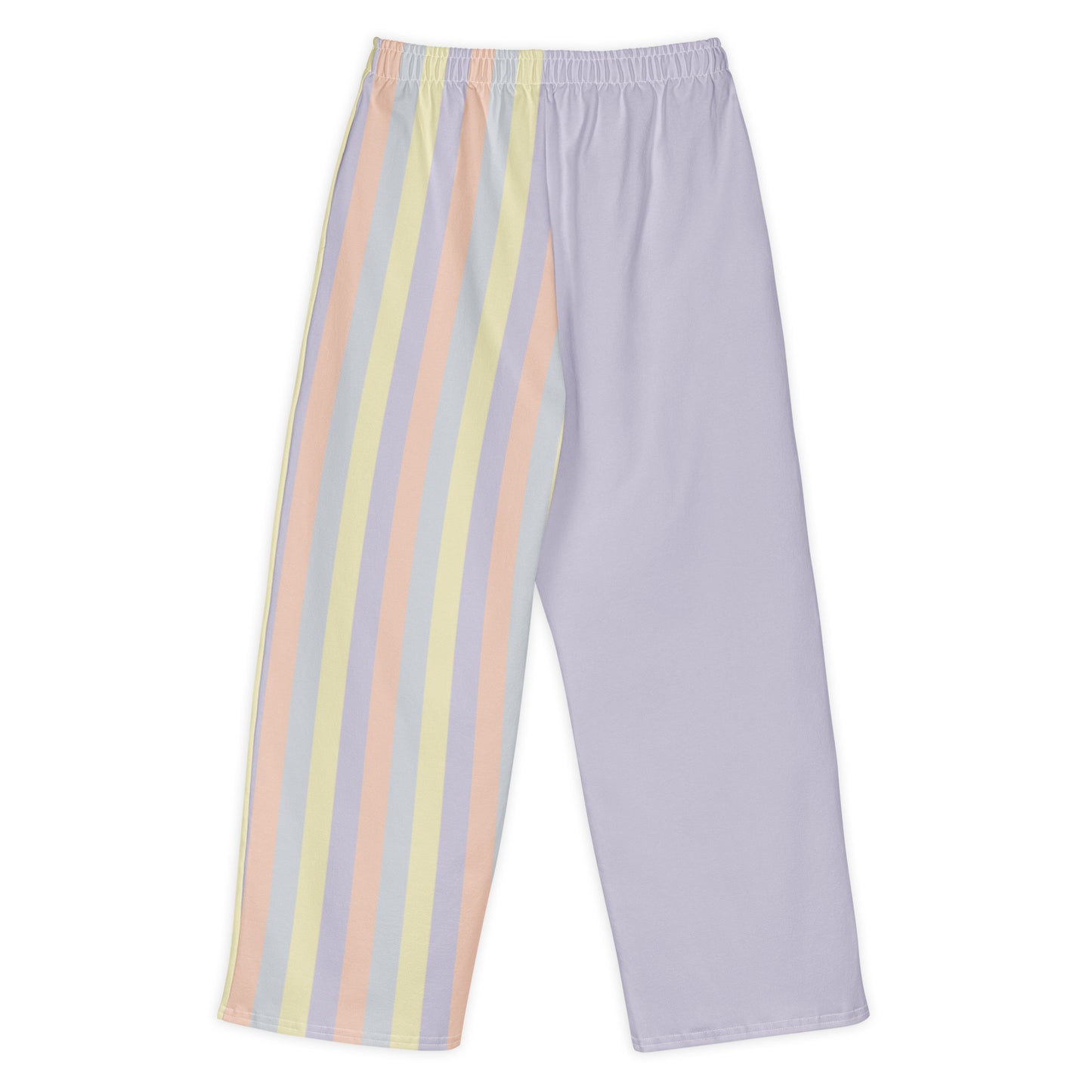 wide-leg cotton pants in pastel color panels, soft yellow, lavender, peach, and grey tones. Back View