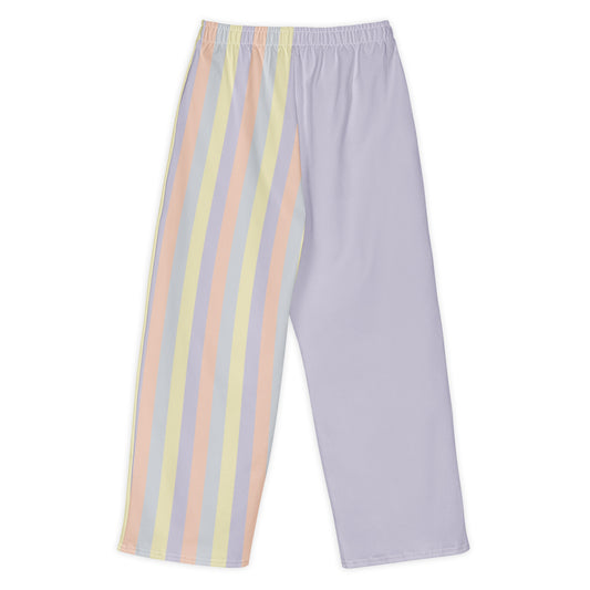 wide-leg cotton pants in pastel color panels, soft yellow, lavender, peach, and grey tones. Back View