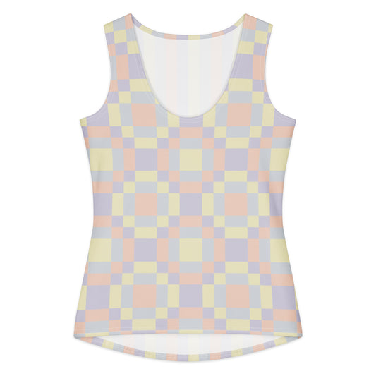 Form-fitting pastel tank top with abstract color panel print in soft yellow, lavender, peach, and grey tones, front view
