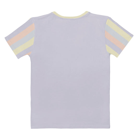 All-over print pastel t-shirt for women, color-blocked design in soft yellow, lavender, peach, and grey tones. Back view.