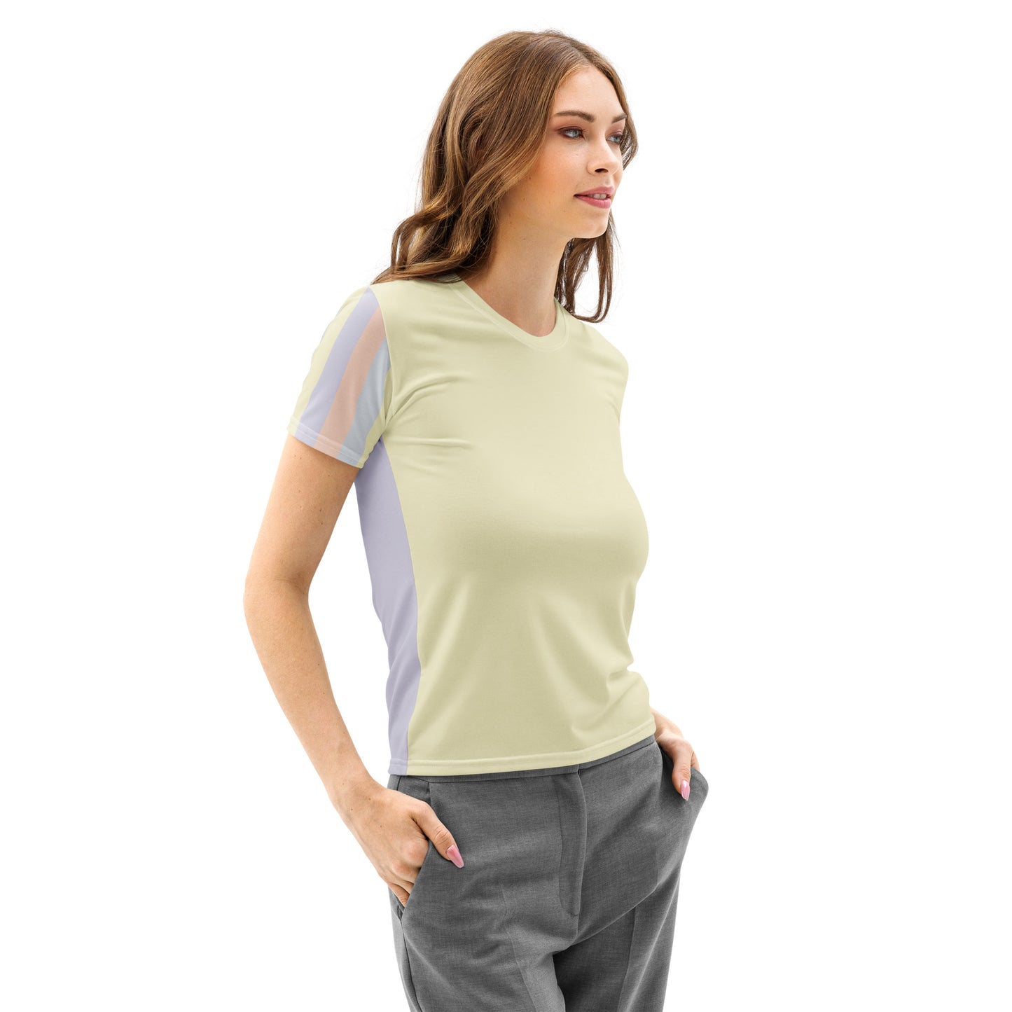 Women's regular fit cotton tee with abstract pastel color panel design.