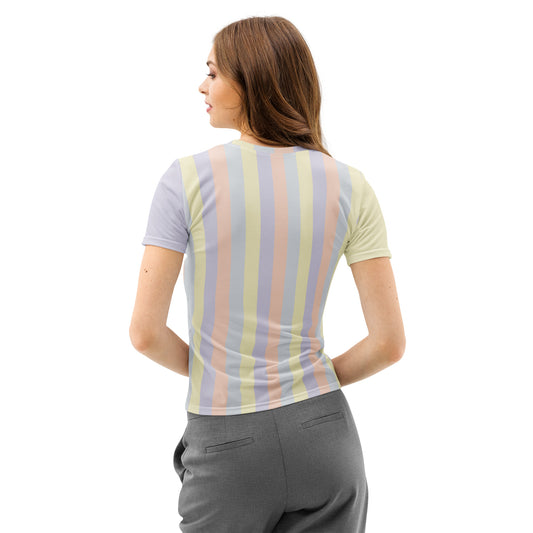 All-over print pastel t-shirt for women, color-blocked design in soft yellow, lavender, peach, and grey tones, back view