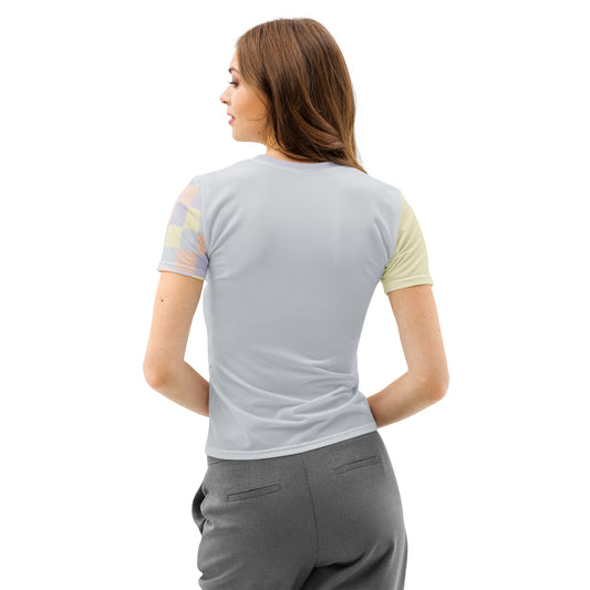 All-over print pastel t-shirt for women, color-blocked design in soft yellow, lavender, peach, and grey tones, back view
