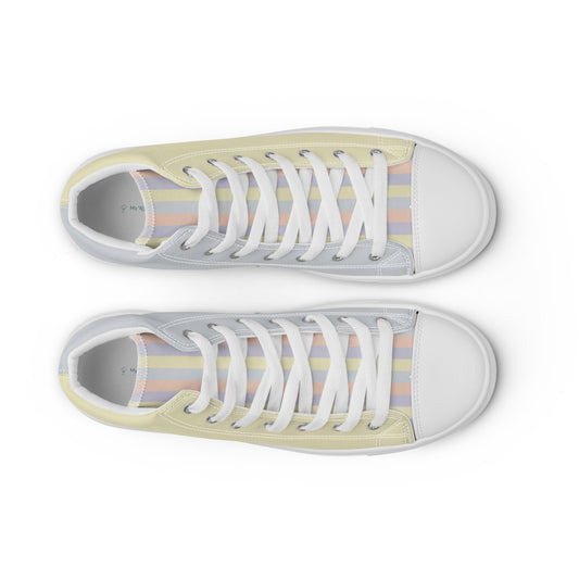 Pastel abstract print high top canvas sneakers with faux leather toe cap and matching laces, soft yellow, lavender, peach, and grey tones
