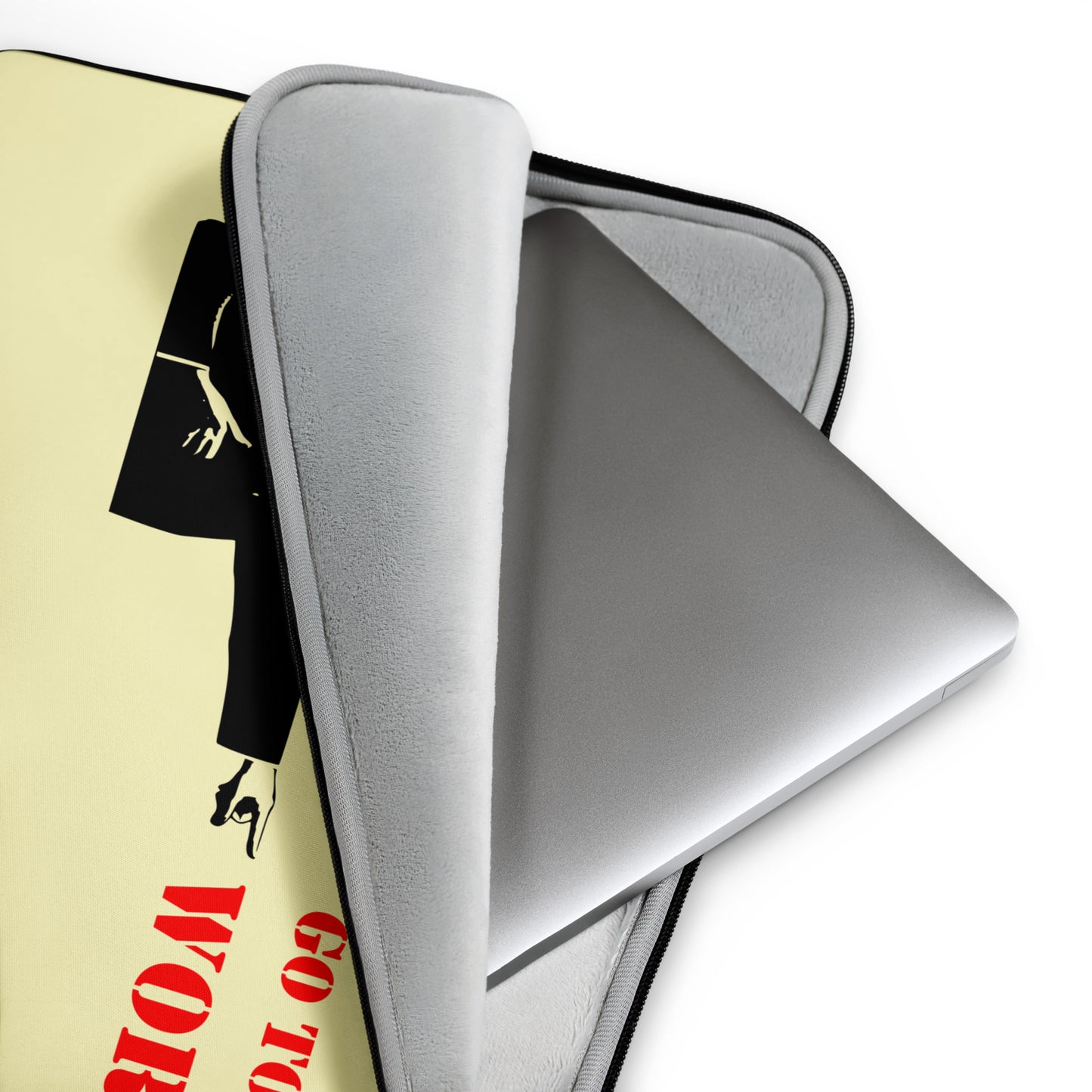 Go To Work neoprene laptop sleeve open to show faux fur interior lining and padded zipper detail