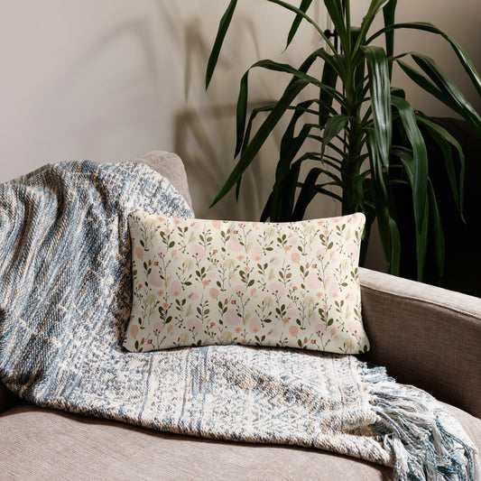 Printed accent pillow with Soft Bloom all-over peach flower and olive leaf design — Made With Love by MWL