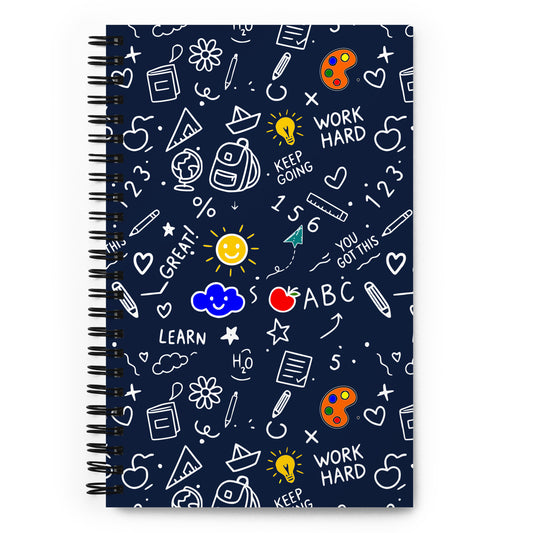 Illustrated spiral notebook with school doodle art on dark blue background — back to school gift for students and teachers, 140 dotted pages