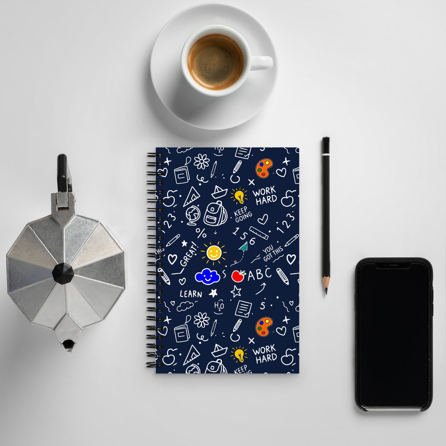 Illustrated spiral notebook with school doodle art on dark blue background — back to school gift for students and teachers, 140 dotted pages