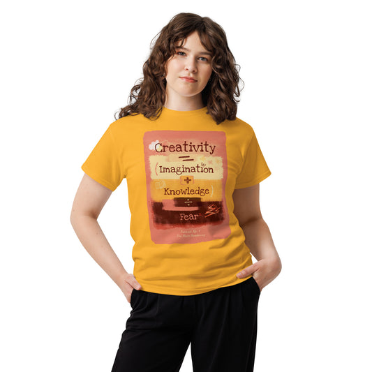 Formula No. 9 Creativity classic tee in Gold, front: Creativity equals Imagination plus Knowledge, divided by Fear squared