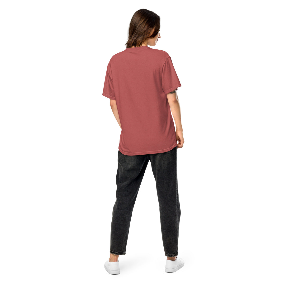 Back of the Formula No. 9 Creativity heavyweight tee in Crimson, plain