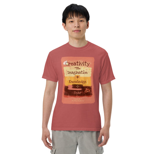 Formula No. 9 Creativity heavyweight tee in Crimson, front: Creativity equals Imagination plus Knowledge, divided by Fear squared