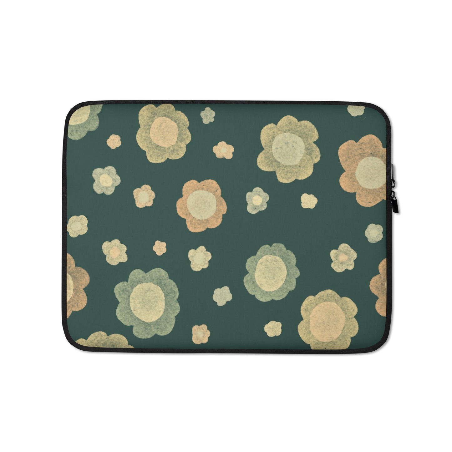 Neoprene laptop sleeve with a retro floral pattern in sage green, terracotta and cream on a deep forest green background — Wish. Bloom. Repeat. by MWL.