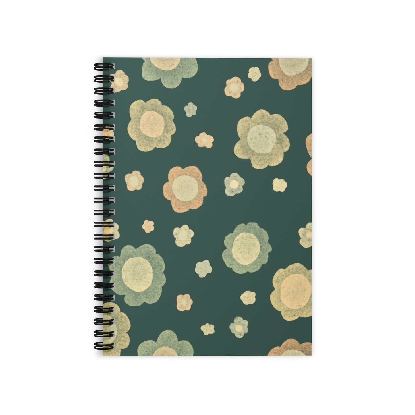 Spiral notebook with a retro floral pattern in sage green, terracotta and cream on a deep forest green background — Wish. Bloom. Repeat. by MWL.