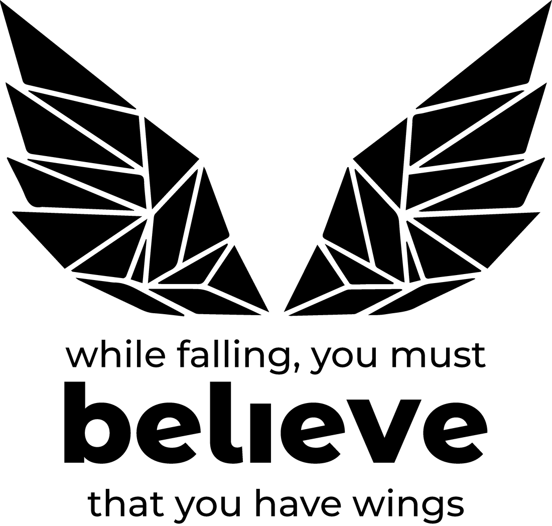 Geometric wing design in black on white. Text reads: while falling, you must believe that you have wings.