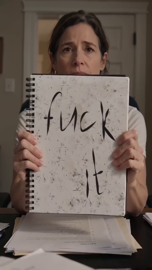 A woman holds up a spiral notebook toward the camera, displaying the front cover — white distressed texture with bold brush-script text reading "fuck it" — in a decisive, confident gesture.