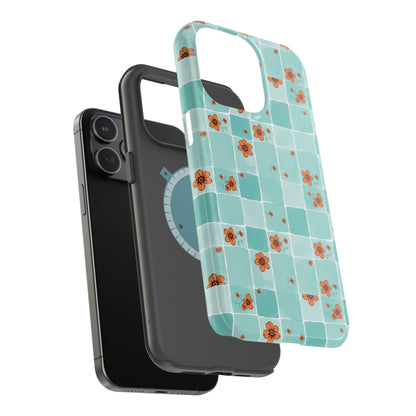 Floral Checkerboard Phone Case — Turquoise Retro Tile Pattern, Magnetic Impact-Resistant
