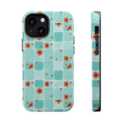 Floral Checkerboard Phone Case — Turquoise Retro Tile Pattern, Magnetic Impact-Resistant