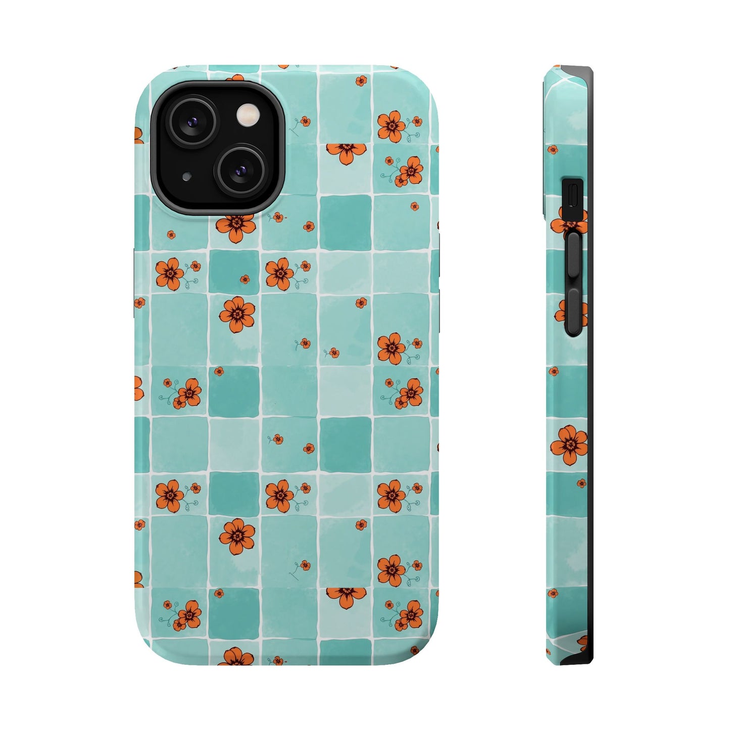 Floral Checkerboard Phone Case — Turquoise Retro Tile Pattern, Magnetic Impact-Resistant