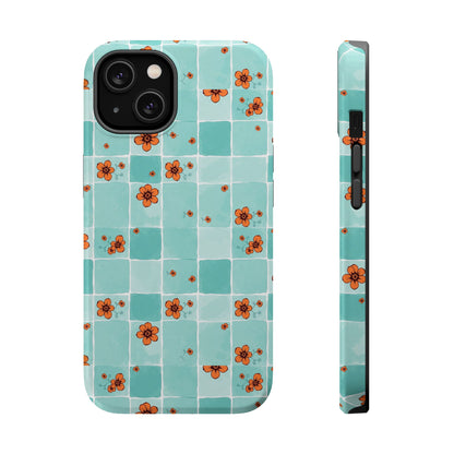 Floral Checkerboard Phone Case — Turquoise Retro Tile Pattern, Magnetic Impact-Resistant