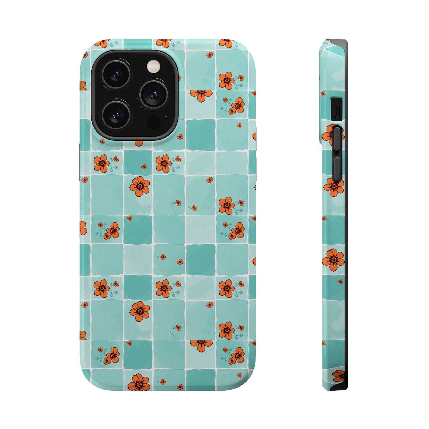 Floral Checkerboard Phone Case — Turquoise Retro Tile Pattern, Magnetic Impact-Resistant