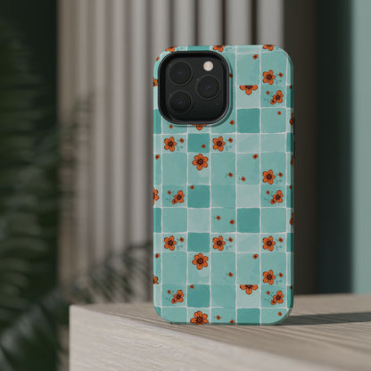 Floral Checkerboard Phone Case — Turquoise Retro Tile Pattern, Magnetic Impact-Resistant