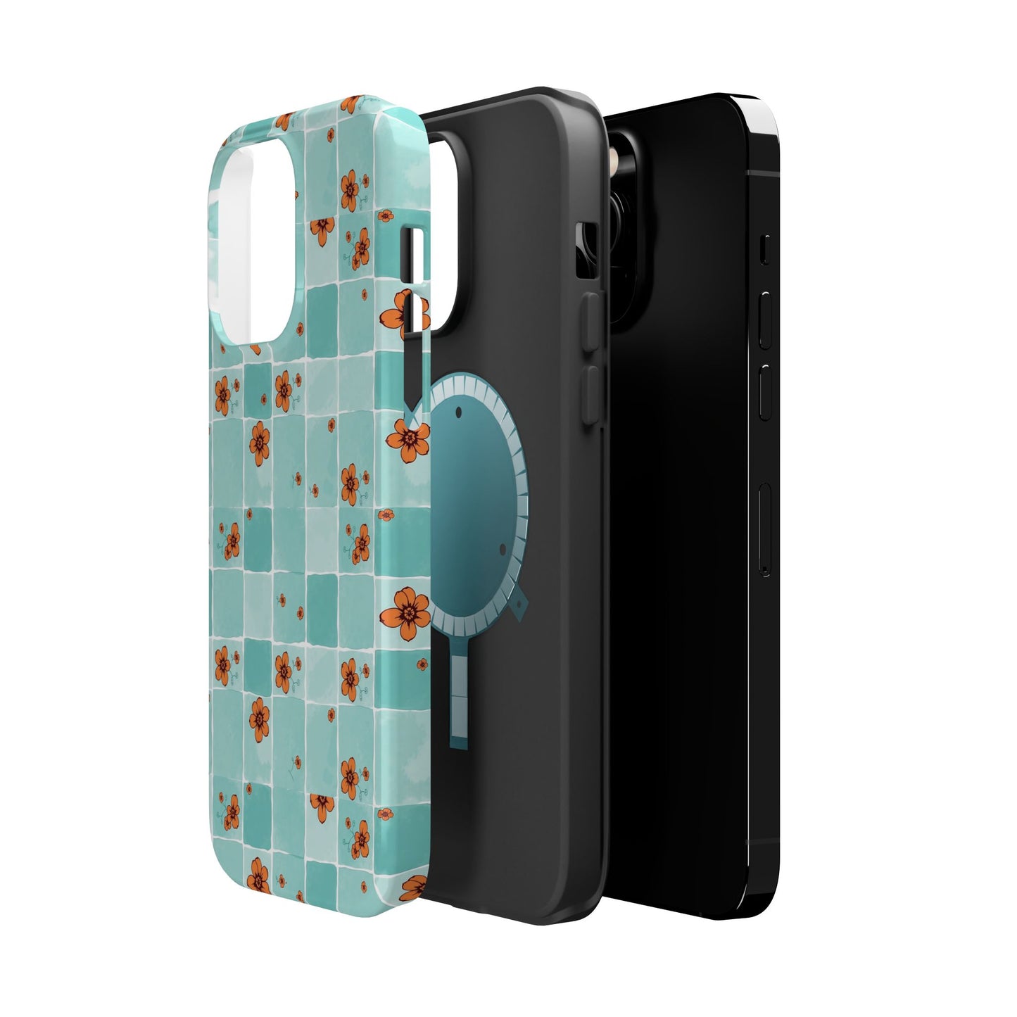 Floral Checkerboard Phone Case — Turquoise Retro Tile Pattern, Magnetic Impact-Resistant