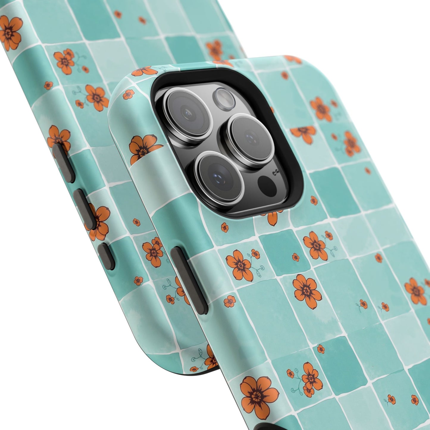 Floral Checkerboard Phone Case — Turquoise Retro Tile Pattern, Magnetic Impact-Resistant