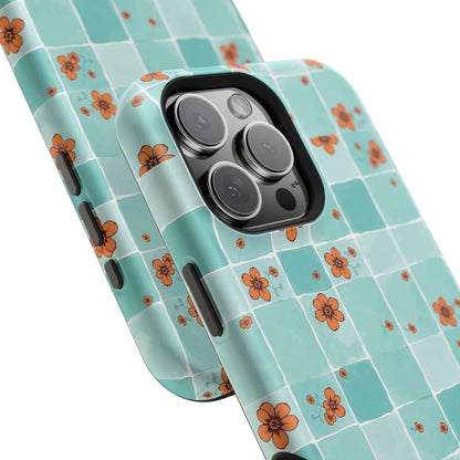 Floral Checkerboard Phone Case — Turquoise Retro Tile Pattern, Magnetic Impact-Resistant