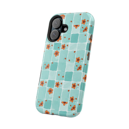 Floral Checkerboard Phone Case — Turquoise Retro Tile Pattern, Magnetic Impact-Resistant