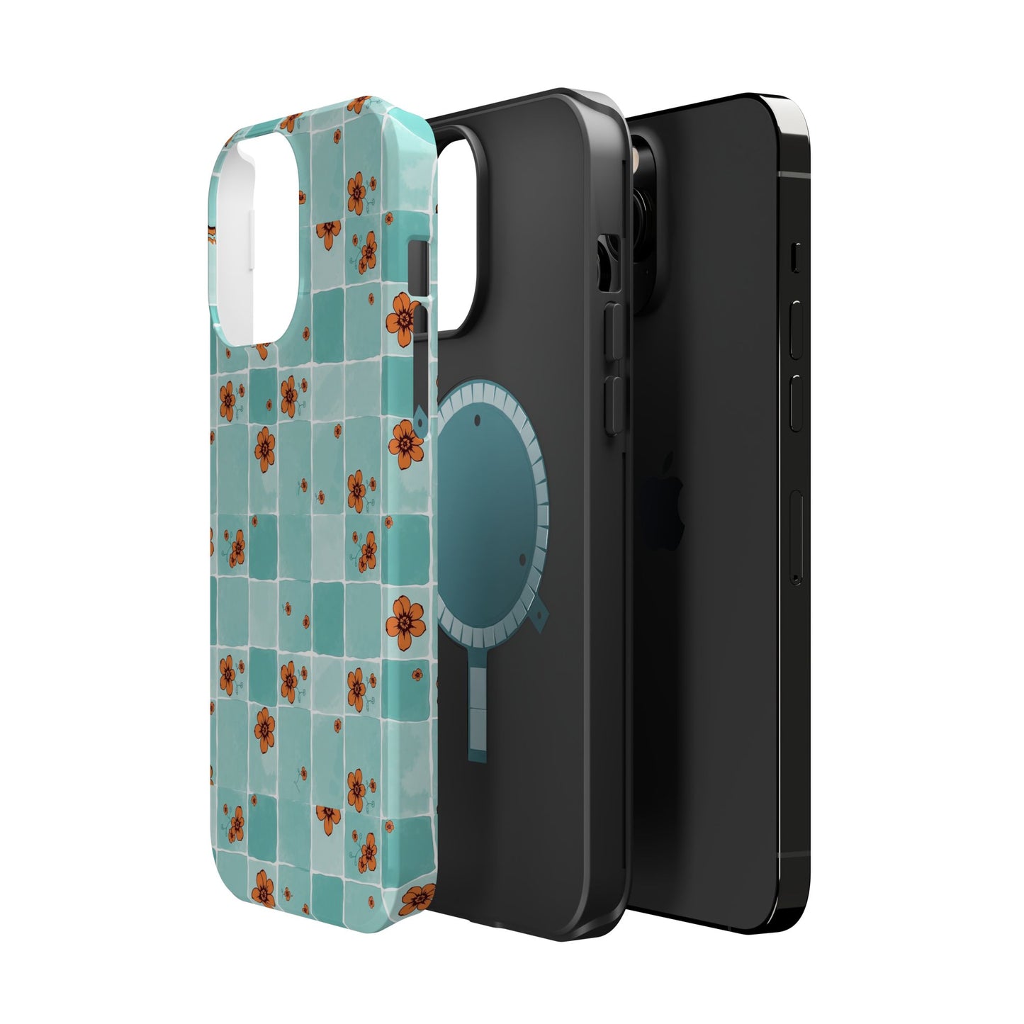 Floral Checkerboard Phone Case — Turquoise Retro Tile Pattern, Magnetic Impact-Resistant