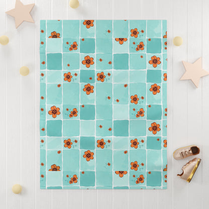 Aqua Tile Floral Baby Blanket — Soft Fleece Nursery Throw